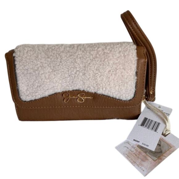 Brand New JESSICA SIMPSON Faux Lambs Wool Top Flap Tri-Fold Vegan Brown - Picture 1 of 9